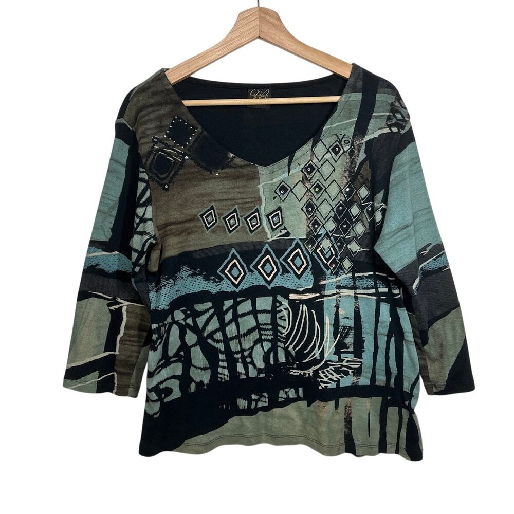 Vintage Y2K Katina Marie Abstract Rhinestone V-Neck Top XL USA Cotton Geometric